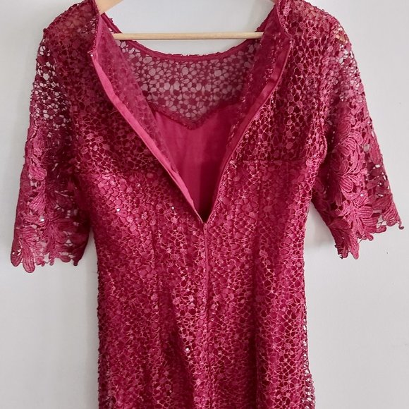 Burgundy 3/4 Sleeve Crochet Lace Dress - Picture 9 of 14